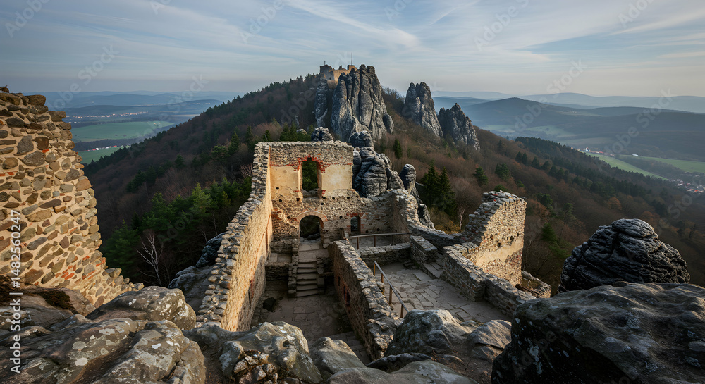 Fototapeta premium Medieval Castle Ruins: Hilltop Fortress Panorama