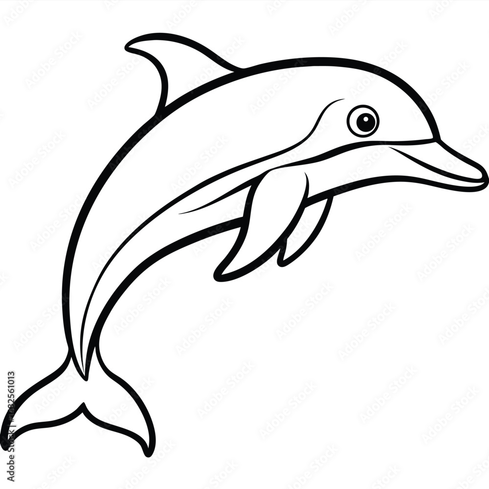 Obraz premium Black and white dolphin line art in side view, leaping with smooth curves and an expressive eye. Simple vector icon playful design ideal for ocean, marine, logo designs, themes, or children’s artwork.
