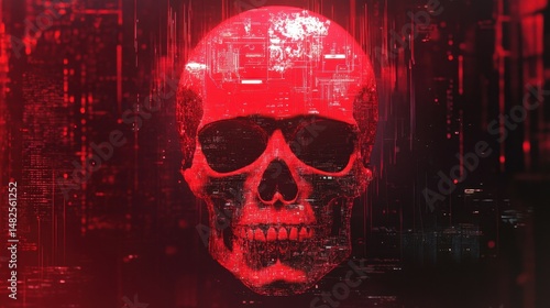 A giant red skull symbolizing a global cyber attack on digital infrastructure.