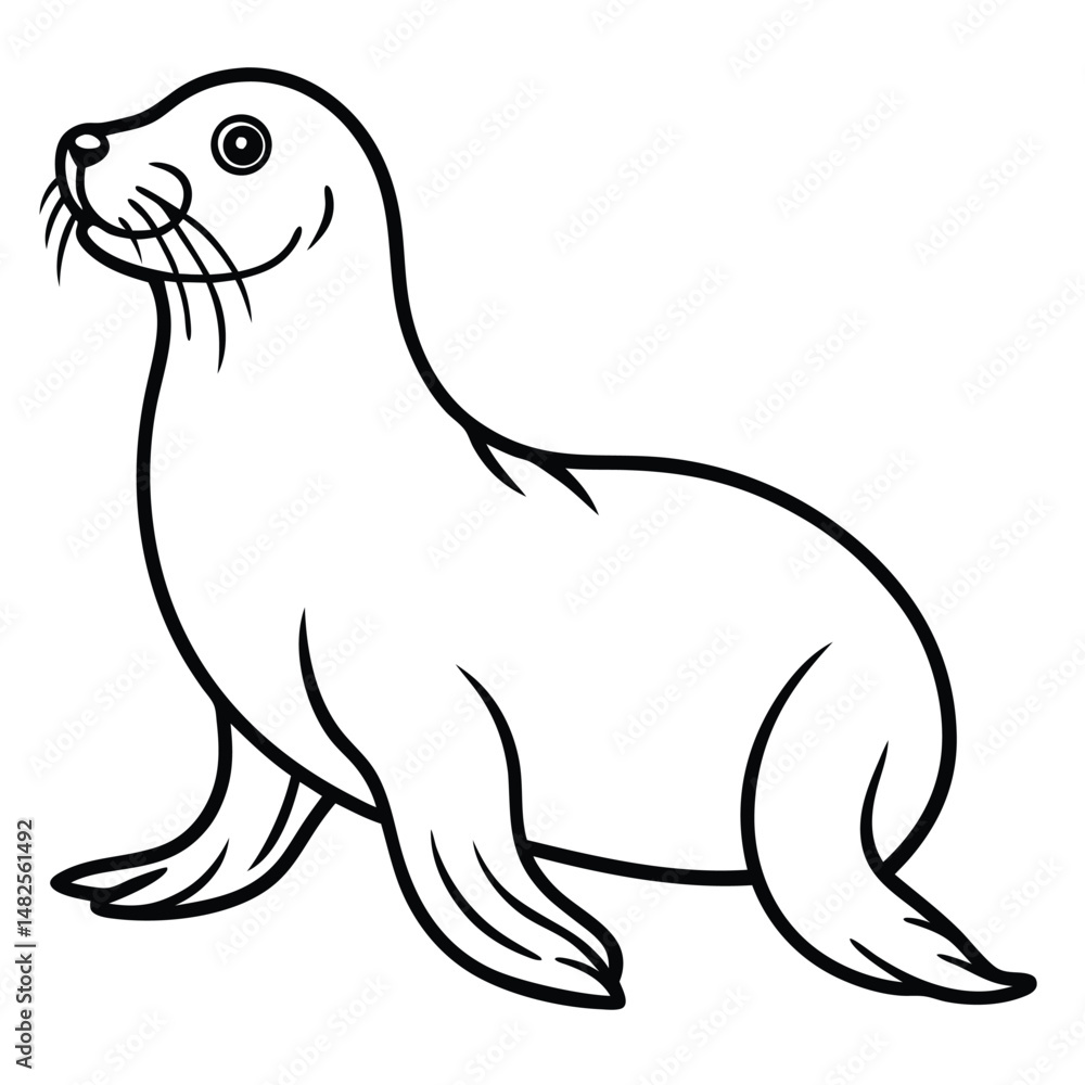 Cute sea lion line drawing with round body, flippers, and smiling face. Simple friendly minimalist vector line art design style, perfect for kids coloring books, decor, marine graphics, ocean visuals Cute sea lion line drawing with round body, flippers, and smiling face. Simple friendly minimalist vector line art design style, perfect for kids coloring books, decor, marine graphics, ocean visuals