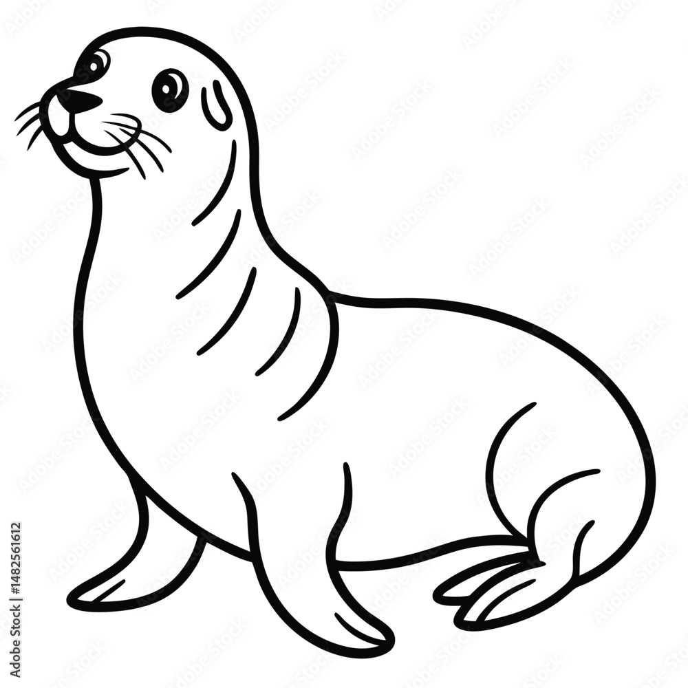 Cute sea lion line drawing with round body, flippers, and smiling face. Simple friendly minimalist vector line art design style, perfect for kids coloring books, decor, marine graphics, ocean visuals Cute sea lion line drawing with round body, flippers, and smiling face. Simple friendly minimalist vector line art design style, perfect for kids coloring books, decor, marine graphics, ocean visuals