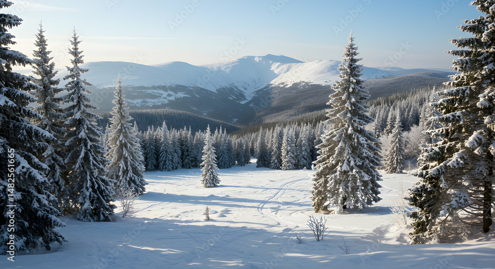Obraz premium Stunning Winter Landscape: Snow-Covered Trees & Mountains