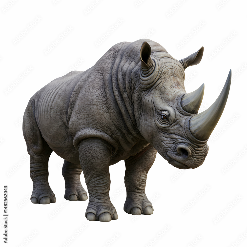 A detailed full body shot of a rhinoceros standing against a stark white background in a studio setting A detailed full body shot of a rhinoceros standing against a stark white background in a studio setting