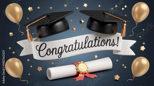 vibrant graduation card features 3d a classic black graduation cap and golden balloons and stars, celebrating success with the joyful message 