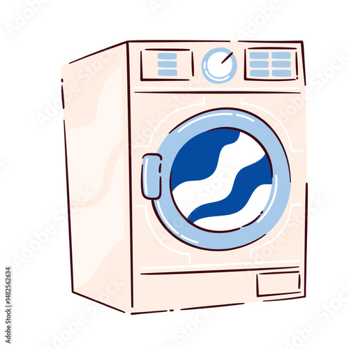 Washing machine with front-loading blue door and beige body. Vector illustration in cartoon doodle style for home cleaning, hygiene, laundry room, or interior design projects