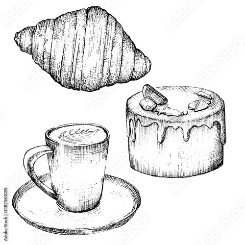 Cup of coffee latte on a saucer, croissant and cake, vector graphics, set, hand-drawn sketch. Black and white graphics