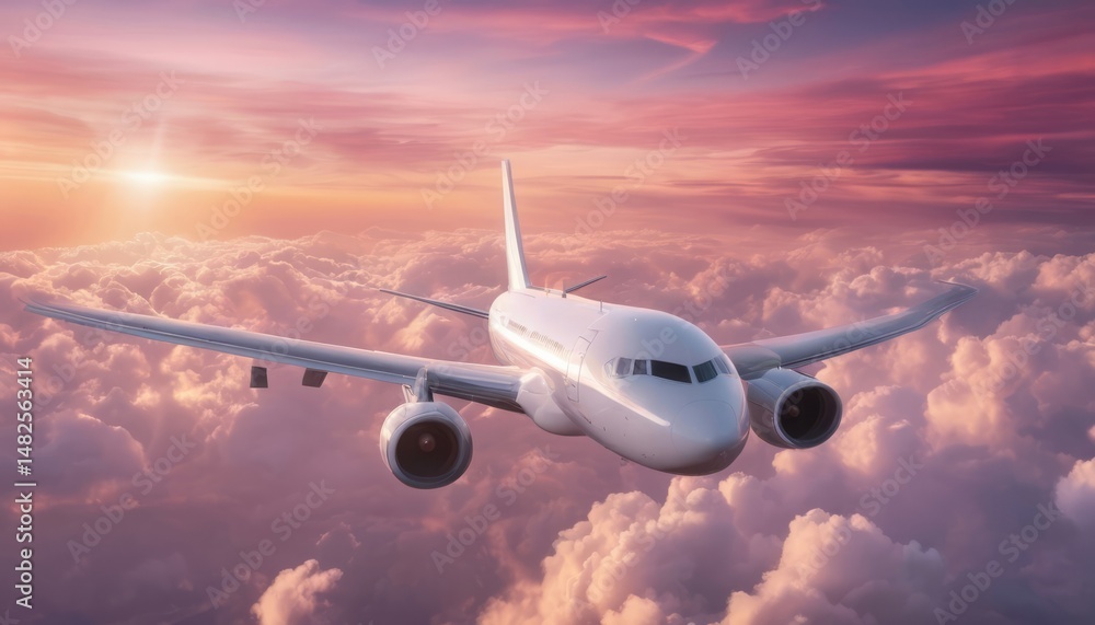 Fototapeta premium a sleek airplane flying through a breathtaking pink sunset sky, painted in vibrant shades of pink and purple, symbolizing freedom and adventure in travel.