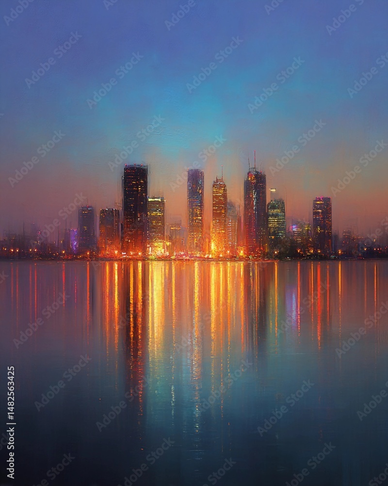 Fototapeta premium City skyline illuminated at dusk with vibrant reflections in the water and a colorful twilight sky