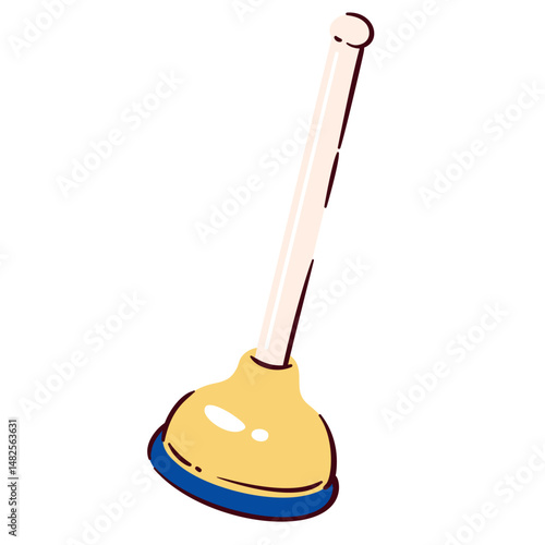 Toilet plunger with wooden handle and yellow rubber cup. Vector illustration in cartoon doodle style for bathroom cleaning, hygiene, plumbing, or home maintenance projects.
