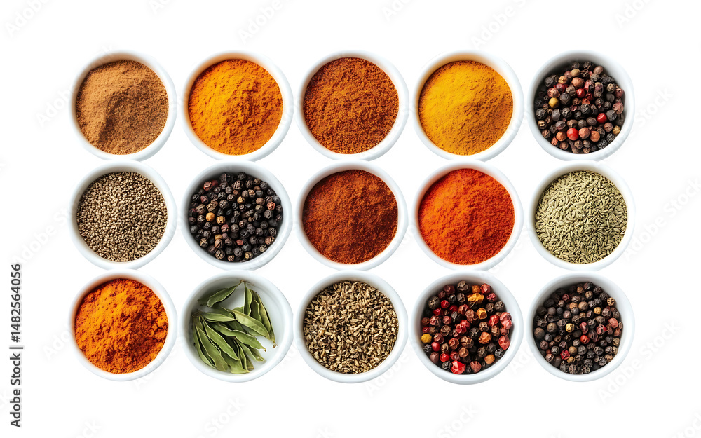 A white bowl filled with a variety of spices including pepper, cumin on islated transfarent background, PNG. A white bowl filled with a variety of spices including pepper, cumin on islated transfarent background, PNG.