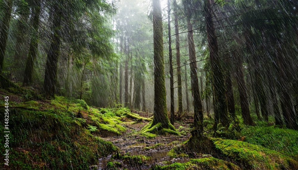 Obraz premium Misty Forest Path: Emerald Green Under Rain
