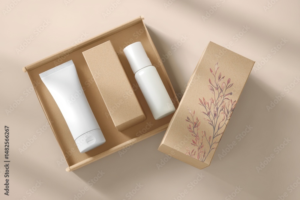 Eco box mockup with containers for cosmetics, white tube and bottle for cosmetic