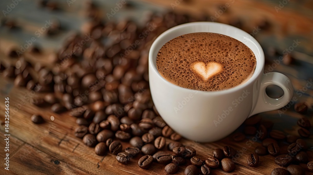 Fototapeta premium Heart-shaped latte art on a wooden table with coffee beans