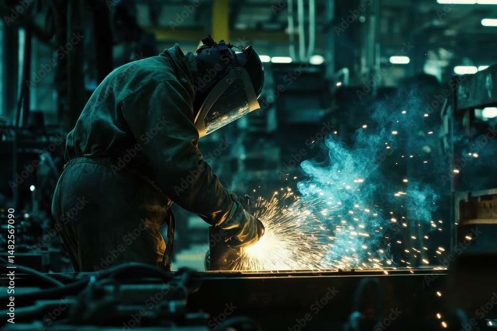Welding action by factory worker in protective gear industrial location gigapixel quality sparks flying close-up view skill and safety focus Welding action by factory worker in protective gear industrial location gigapixel quality sparks flying close-up view skill and safety focus