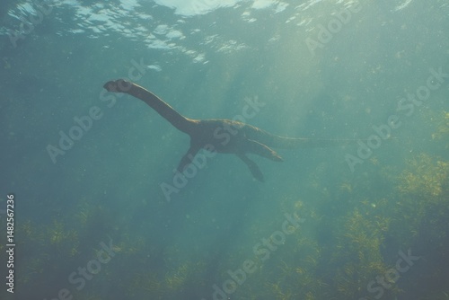 Dinosaur-like creature gliding through shallow waters, showcasing the tranquility of prehistoric life in a vibrant underwater environment