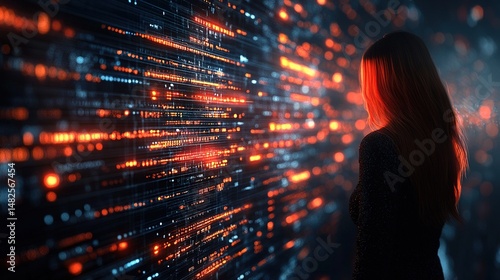 Woman facing futuristic data stream wall.