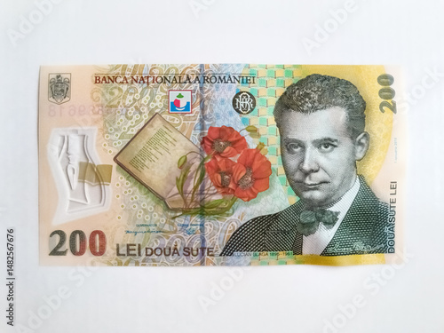 200 ron banknote top view isolated on white background. Eastern european money, romanian currency, cash