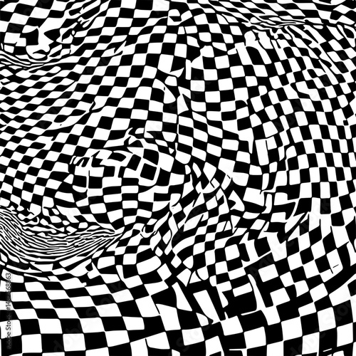Black and white optical illusion pattern, warped checkerboard style, high contrast, seamless and abstract backgrounds