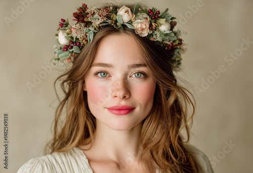 Young Woman With Floral Crown and Natural Makeup in Soft Light Setting