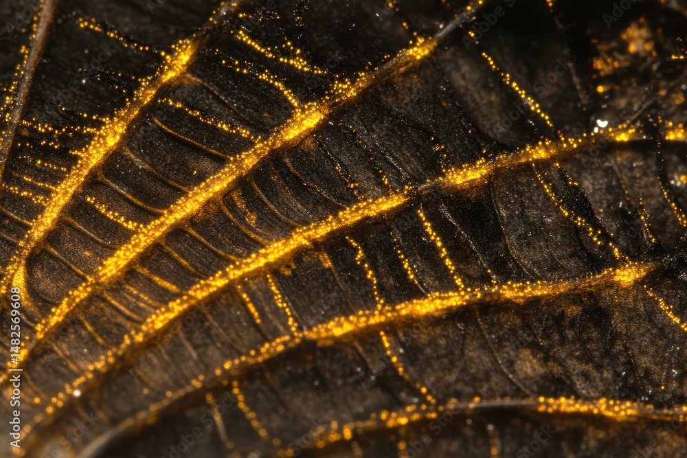 Obraz premium Close-Up of Intricate Patterns on Leaf Surface with Golden Irradiation