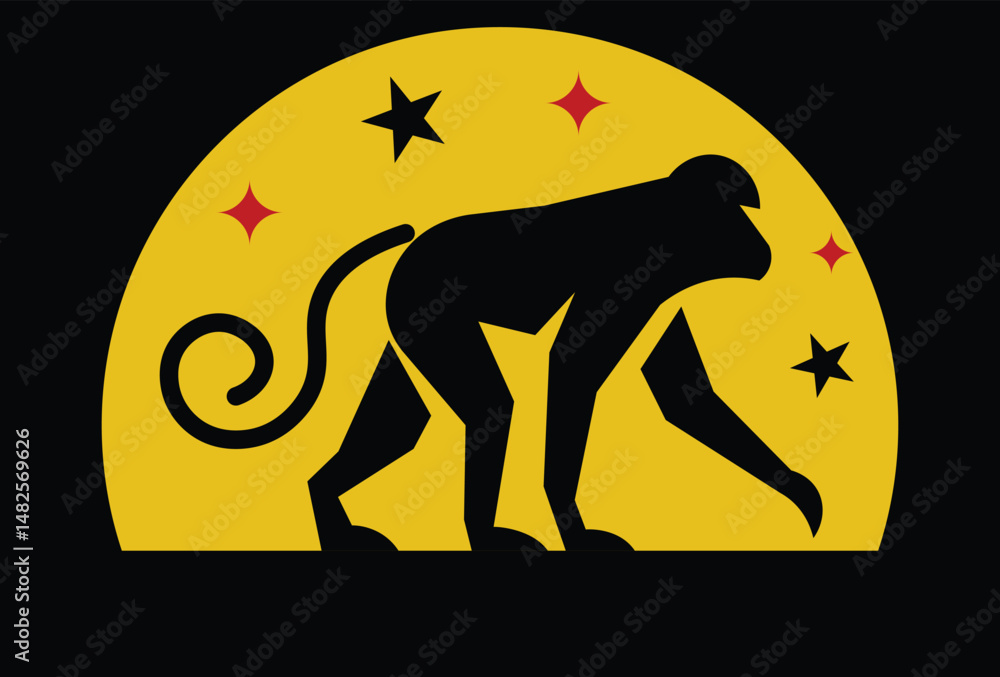 Fototapeta premium Black monkey silhouette on yellow crescent