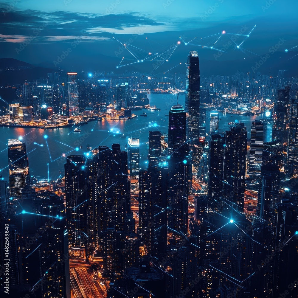 Obraz premium A night-time cityscape with digital connections. Modern metropolis at twilight