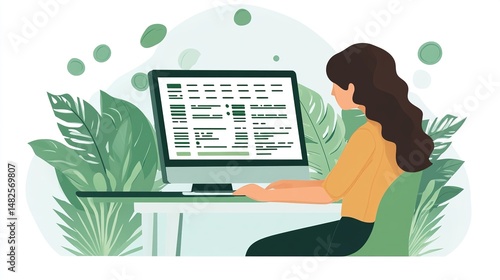 Woman working on computer, data analysis, spreadsheet.