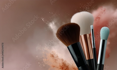 Makeup Brushes in Various Shapes and Sizes on a Brown Background With Powder ...