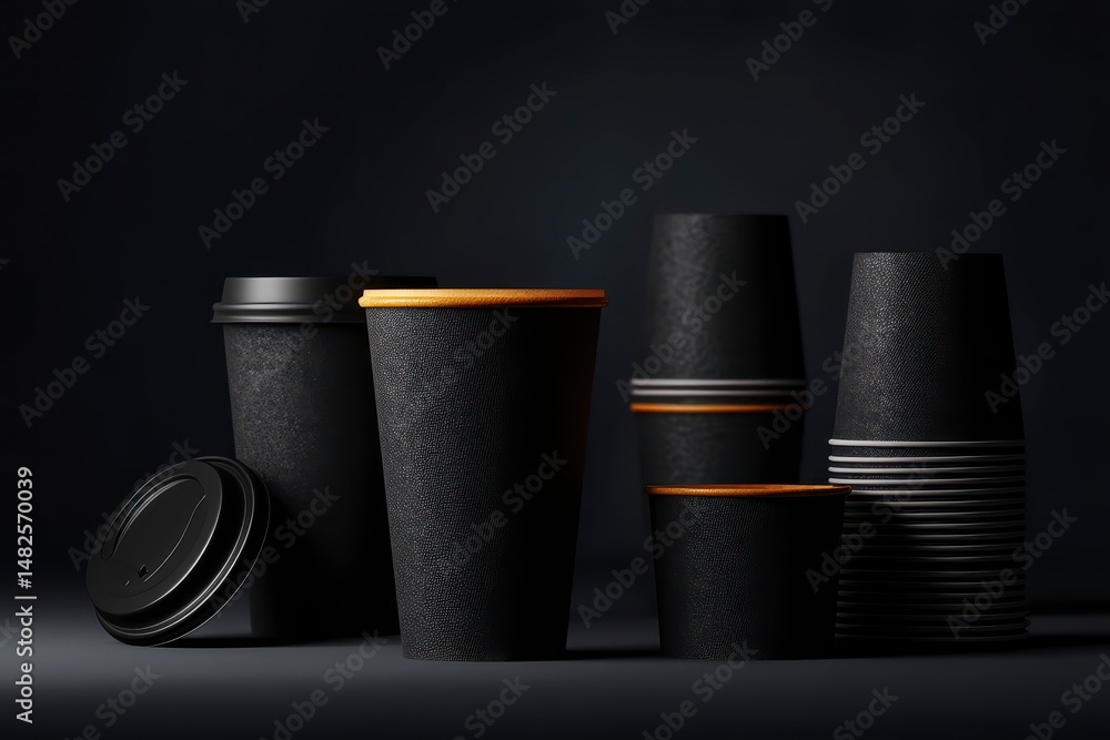 Black paper cups lying in the background. Mockups of disposable coffee and tea glasses