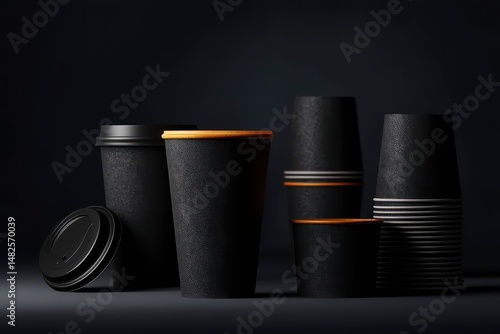 Obraz na płótnie Black paper cups lying in the background. Mockups of disposable coffee and tea glasses w salonie
