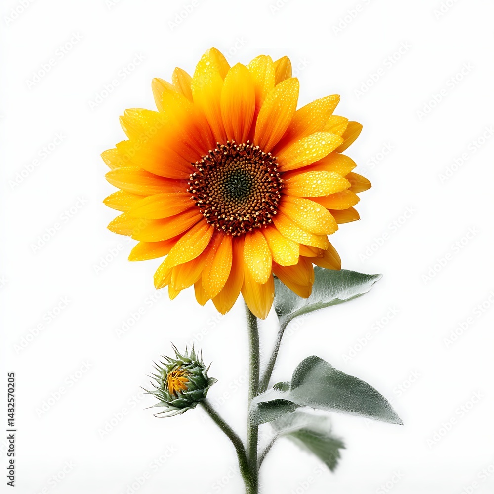 Fototapeta premium Beautiful Sunflower with Bud and Leaves Isolated on White Background