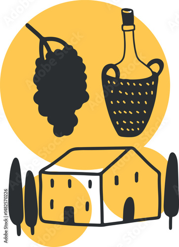 Winemaking. The process of making wine. Drawing, engraving, ink, line art, vector	
