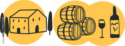 Winemaking. The process of making wine. Drawing, engraving, ink, line art, vector	