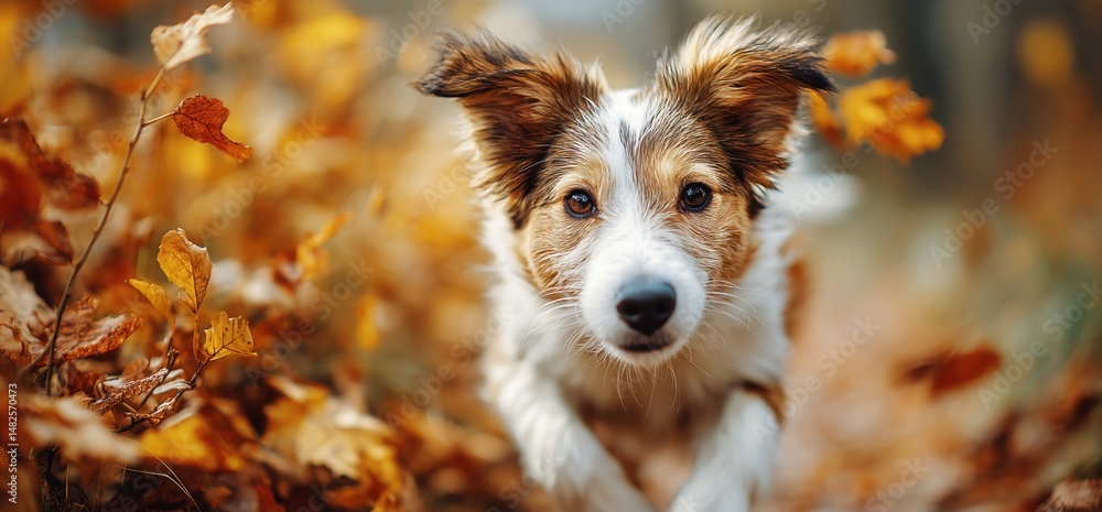 Fototapeta premium Dog Playing in Autumn Leaves With Vibrant Colors in a Forest Setting During Midday Sunlight