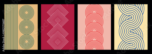 Retro 70s style stripes poster collection. shapes vector design graphic 1970s retro background. abstract stylish 70s era line frame illustration.	