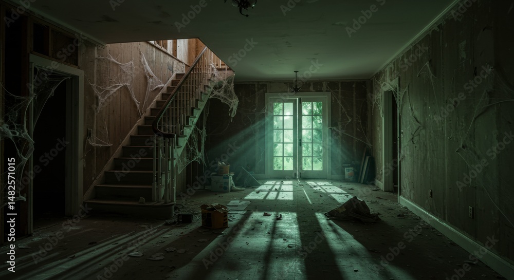Obraz premium Spooky abandoned house interior with staircase cobwebs and sunlight