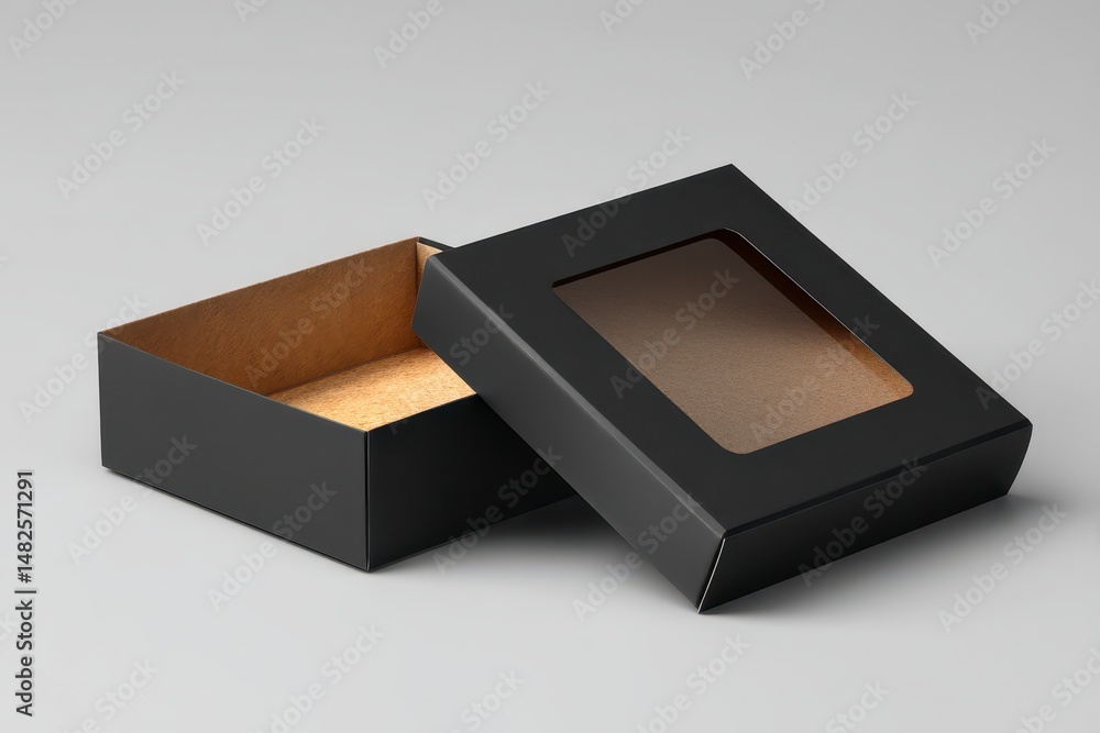 Mockup of a box with a window for products made of black smooth cardboard without a logo