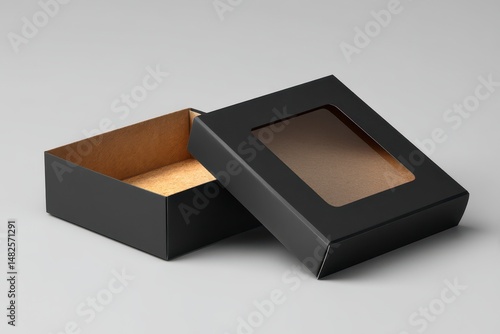 Obraz na płótnie Mockup of a box with a window for products made of black smooth cardboard without a logo w salonie