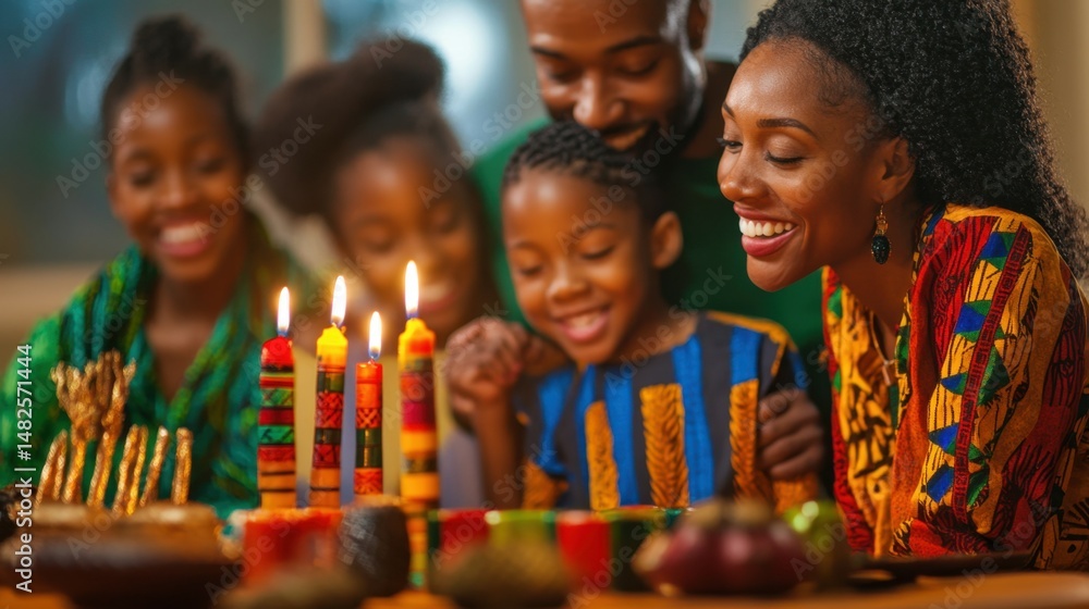 A Kwanzaa gathering with a Kinara candle holder, colorful African decor, and families celebrating unity. A Kwanzaa gathering with a Kinara candle holder, colorful African decor, and families celebrating unity.