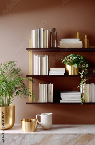 Stylish Interior Featuring Modern Shelves With Books and Plants in a Warm Set...
