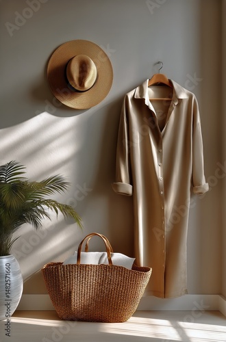 Elegant Summer Outfit Displayed on a Wall With a Hat and Bag in a Bright, Sty...