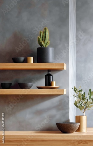 Modern Interior Design Featuring Wooden Shelves With Plants and Decorative It...