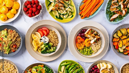 Wallpaper Mural Healthy Food Dishes Assortment Top View; Balanced Meals Flat Lay with Ample Copy Space Torontodigital.ca