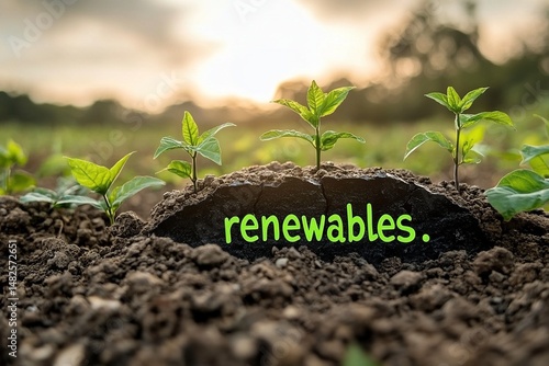 Young plants sprout from cracked earth, symbolizing renewable energy.