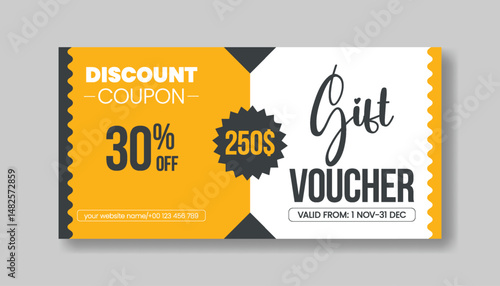 Gift Voucher and coupon vector Template for  Promotional Sale Discount horizontal editable Banner design, Shopping gift card Voucher layout, discount voucher graphic template