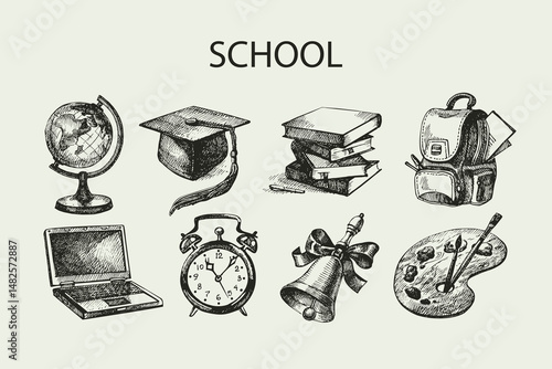 Hand drawn vector educating object set. Back to school vintage sketch illustrations