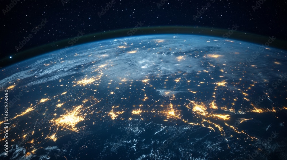Obraz premium A satellite view of Earth at night, with city lights highlighting global urbanization. 