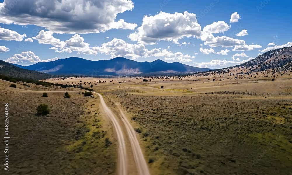 Expansive Grassy Field Under a Blue Sky with Clouds and Distant Mountains with Dirt Road Expansive Grassy Field Under a Blue Sky with Clouds and Distant Mountains with Dirt Road