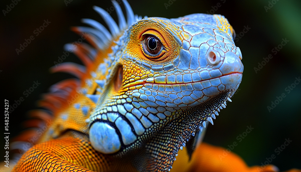 Fototapeta premium Microphotography Close-Up of a Basilisk Lizard's Head with Detailed Scales and Textures under Natural Lighting