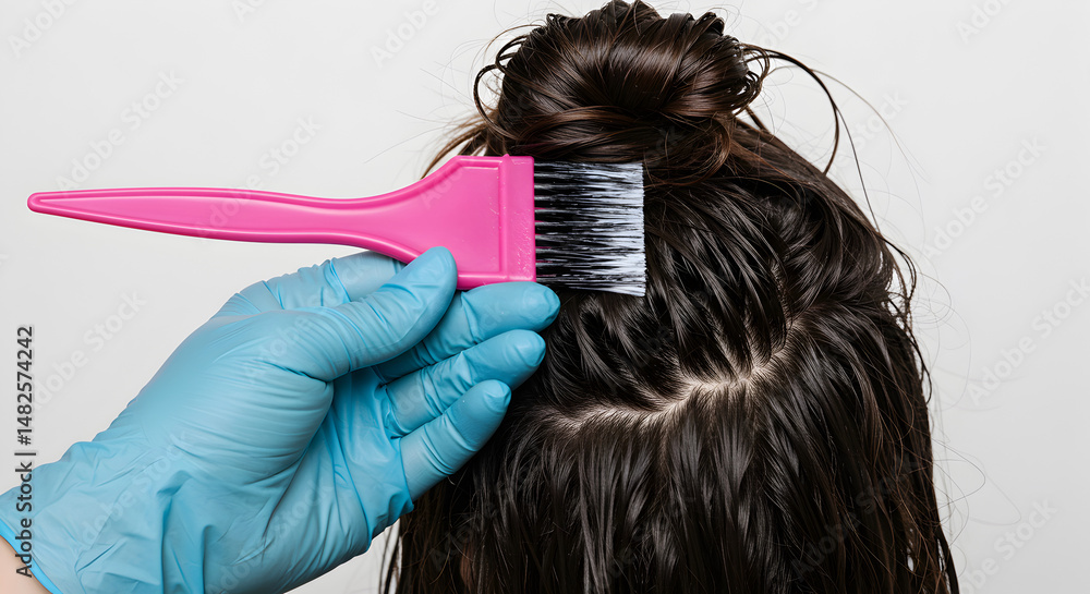 Obraz premium Applying Dye to Dark Hair with Pink Brush and Gloved Hand On a White Background for Beauty Treatment and Styling